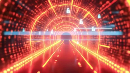 Futuristic digital tunnel illuminated by vibrant red lights with abstract security icons floating - Powered by Adobe