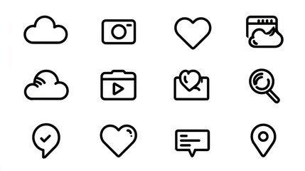 Collection of twelve simple black and white line art icons, on a white background