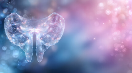 Clean composition featuring stylized pelvic floor anatomy in soft grey lines on a gradient background blending pastel pink and blue, conveying balance, healing, and medical profess