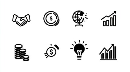 Set of simple black outline financial icons on white showing global growth and cooperation