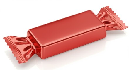 A 3D render of a shiny red candy bar wrapper