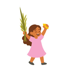 Smiling Jewish Girl Holding Sukkot Four Species – Vector Illustration. Sukkot and Simchat torah celebration
