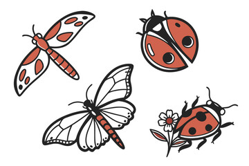 Set of insect and floral icons in tattoo style, including dragonfly, butterfly, and ladybugs isolated on white background