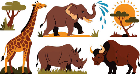 Obraz premium Wildlife Animals in Savannah Habitat with Giraffe Elephant Rhinoceros and Cape Buffalo