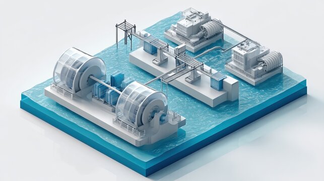 Blueprint-style 3D tidal energy power plant with modular underwater turbines, energy converters, smart grid integration, and anchoring system, transparent details, clean white background.