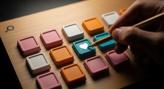Hand drawing a heart icon on a digital tablet with colorful square buttons for social media and user interface design