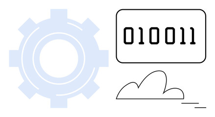 Gear silhouette, binary code numbers in rectangle, and simple cloud outline. Ideal for technology, innovation, data processing, tech support, automation, cloud storage digital transformation