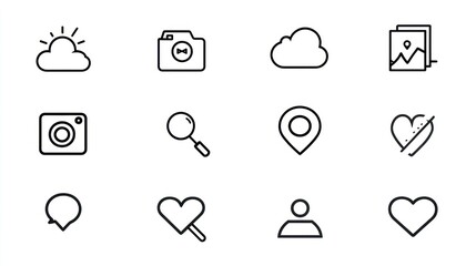 Black outlined icons representing various settings and actions, neatly arranged
