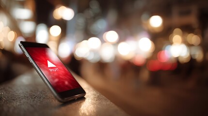 Smartphone with push notification in city night scene