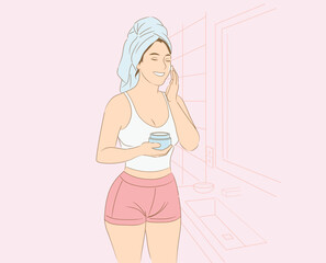 Woman Applying Face Cream After Shower