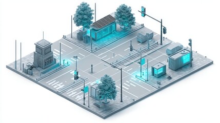 Obraz premium Photorealistic visualization of a blueprint-style 3D energy-efficient smart city traffic control system in the context of clean energy, featuring transparent traffic lights