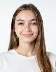 Young teenage girl ID photo, white background. Smiling female face, passport style. Used for work badges, student cards, resumes, interviews, applications, visas.