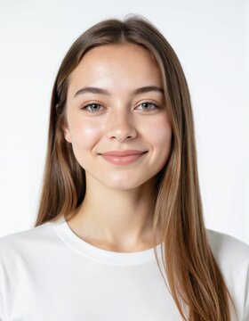 Young teenage girl ID photo, white background. Smiling female face, passport style. Used for work badges, student cards, resumes, interviews, applications, visas.