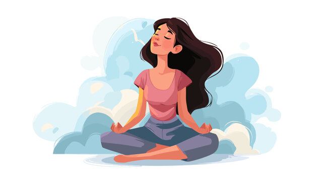 Mental health concept with pretty young woman. Young girl doing breathing exercise. care. Awareness, mindfulness and meditation. Flat vector illustration isolated on white background