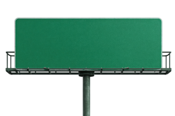 Blank, large, emerald green highway billboard mounted on a metal pole and support structure against a black background