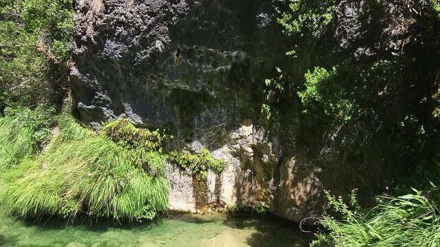 Reflections of light on the rocks. Beautiful turquoise river inside a gorge with green vegetation. Pure waters. Rio Borosa. Cazorla National Park. Spain.