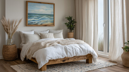 Serene coastal bohemian bedroom interior showcasing handmade wooden bed with pure white bedding, abstract landscape art in wooden frame above, textured linen curtains and layered r
