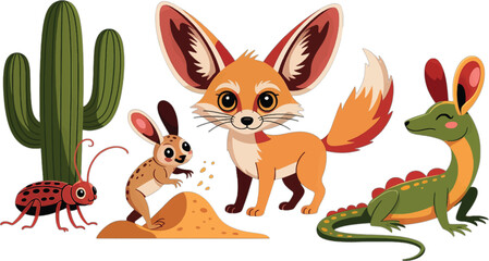 Obraz premium Cartoon Desert Animals Cactus Scene with Fox Lizard Bug
