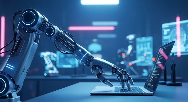 Robotic Arm Interacting with Laptop Computer in Lab.