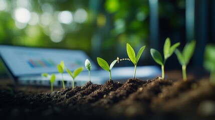 Seedlings grow under natural light near a laptop displaying data analysis on plant growth in a modern indoor setting