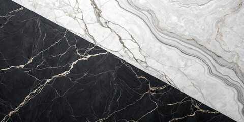 Contrasting black and white marble texture divided diagonally, showcasing natural stone patterns for modern and elegant design applications