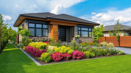 Brightly colored garden enhances modern house design with lush landscaping and clear blue sky in the background
