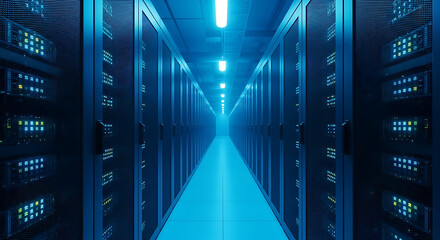 Server Room Corridor with Rows of Dark Blue Cabinets.