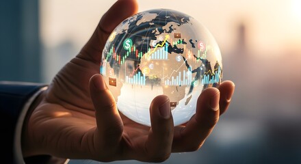A hand holds a transparent globe displaying financial charts and world map, symbolizing global finance, investment, and economic trends.