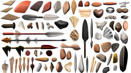Collection of diverse tools and artifacts on a transparent background