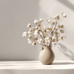 Elegant floral arrangement cotton bouquet vase on bright shelf casting shadows