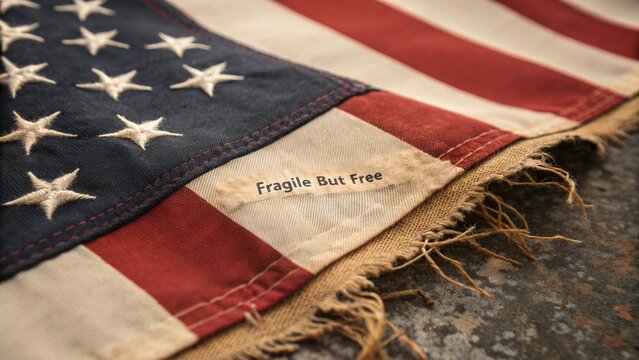 The american flag with the words 'fragile but free' in honor of 9/11 and patriot day.