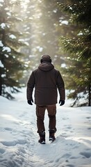 Person walking through snowy woods.