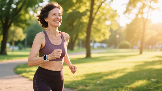 Mature woman enjoying a morning jog in nature, using smart fitness tracker to support emotional and physical health during perimenopause. - Powered by Adobe