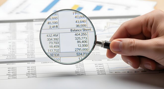 Hand holding a magnifying glass over a balance sheet, analyzing financial data on a printed report.