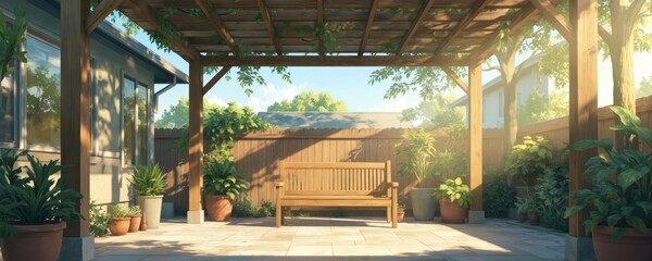 Fototapeta premium Anime illustration of empty backyard patio with wooden bench under soft morning sunlight. Rich green plants in pots surround seating area. Wooden fence, pergola create tranquil, inviting outdoor