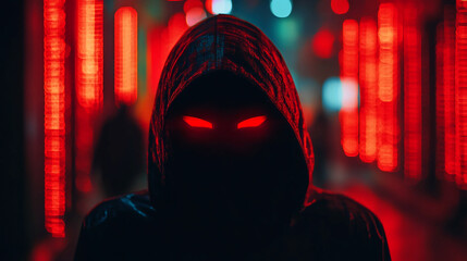 Cyberpunk hacker with glowing eyes in the dark city street neon lights digital art illustration