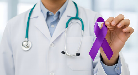 Doctor holding purple ribbon, symbol of awareness and support