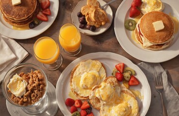 Delicious brunch spread features eggs Benedict, fluffy pancakes with butter, syrup, fresh fruit. Two glasses of vibrant orange juice complement meal, offering healthy, refreshing start to day with