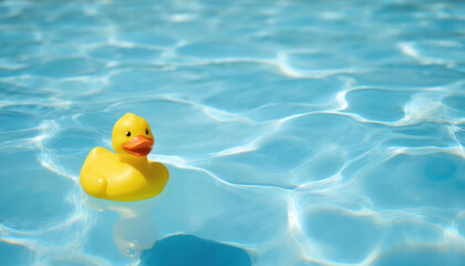 Bright yellow rubber duck floats serenely on sparkling blue swimming pool water. Classic bath toy symbolizes childhood fun and summer leisure. Sunlit waves create abstract patterns on water surface.