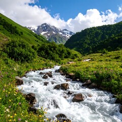 Mountain stream, wildflowers, lush valley