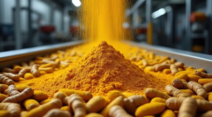 Vibrant turmeric powder piled high amidst fresh roots in a processing facility