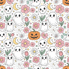 A whimsical 'spooky cute' seamless pattern combines cartoon ghosts, skulls, and pumpkins with a variety of pastel flowers on a white background.