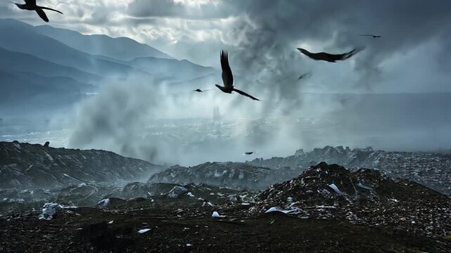 Environmental Crisis: a group of scavenging birds soar over a polluted landfill with a hazy background of mountains and clouds in a dramatic capture - Powered by Adobe