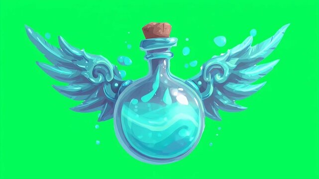 potion of flight with wings attached to neck, glowing cyan fluid inside