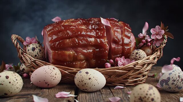 Easter Ham with Pink Flower Petals and Speckled Eggs on Rustic Wooden Table