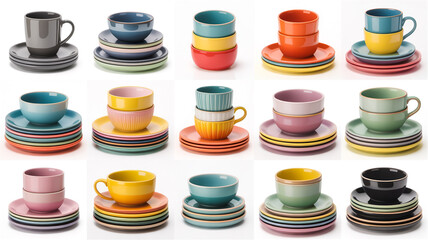 A product photography layout of stacked ceramic dinnerware sets against a pure white background