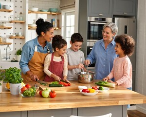 A cheerful family enjoying cooking together in their kitchen, preparing fresh vegetables and sharing smiles, fostering teamwork, love, and fun while creating a delicious homemade meal.