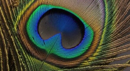 Obraz premium Close up of a vibrant peacock feather showing its beautiful colors and intricate patterns