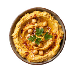 Hummus in a Ceramic Bowl with Parsley Against Transparent Background
