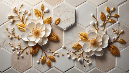 Elegant 3D white and gold floral relief on crackled hexagonal marble tiles